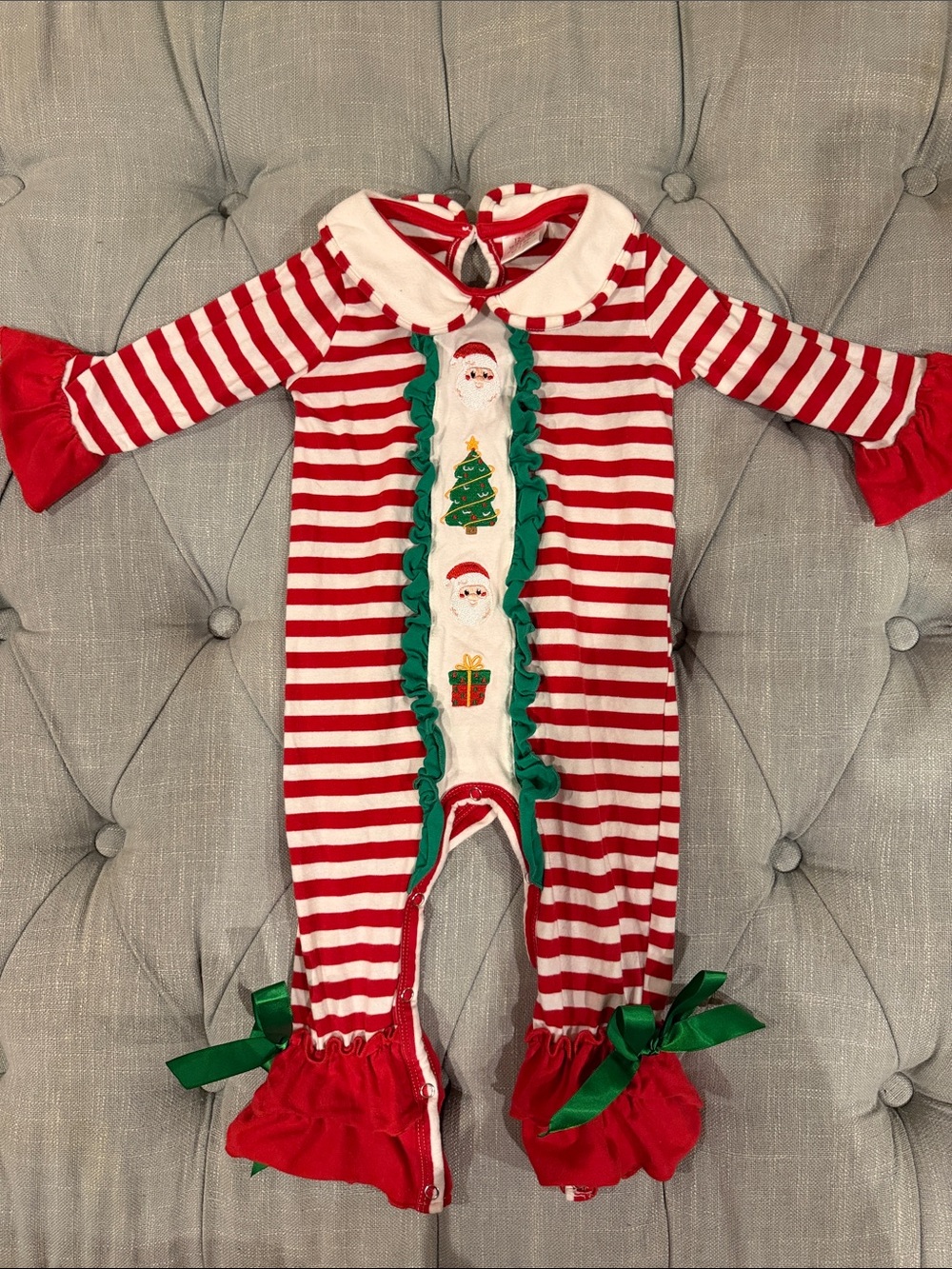 Red & White Striped Holiday One-Piece with Santa Appliqué
